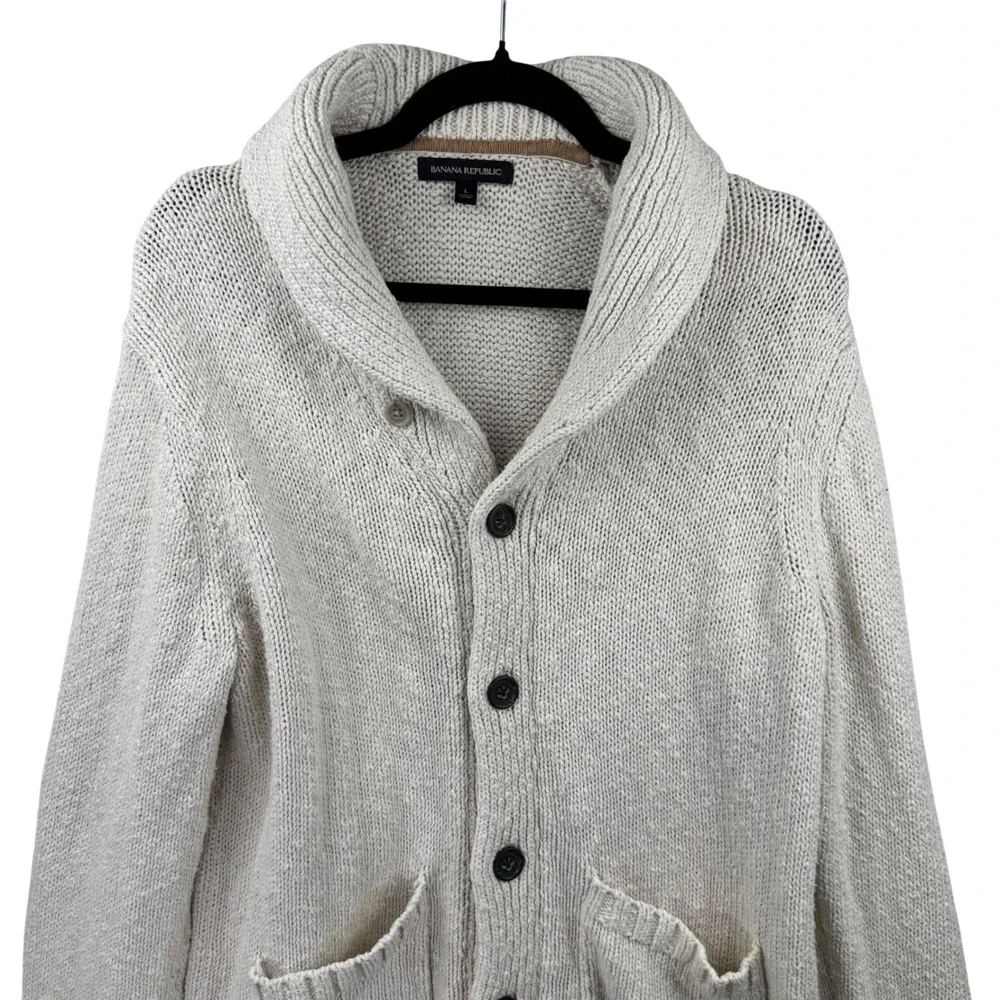 Banana‎ Republic Cardigan Sweater Mens Large Cream Cotton Shawl Collar Chunky